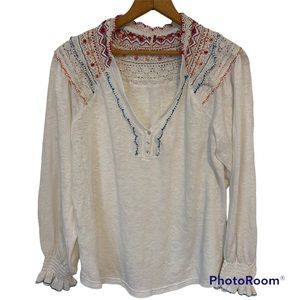 Free People Boho Crochet Embroidered Lace Long Sleeve Sweater Blouse Large